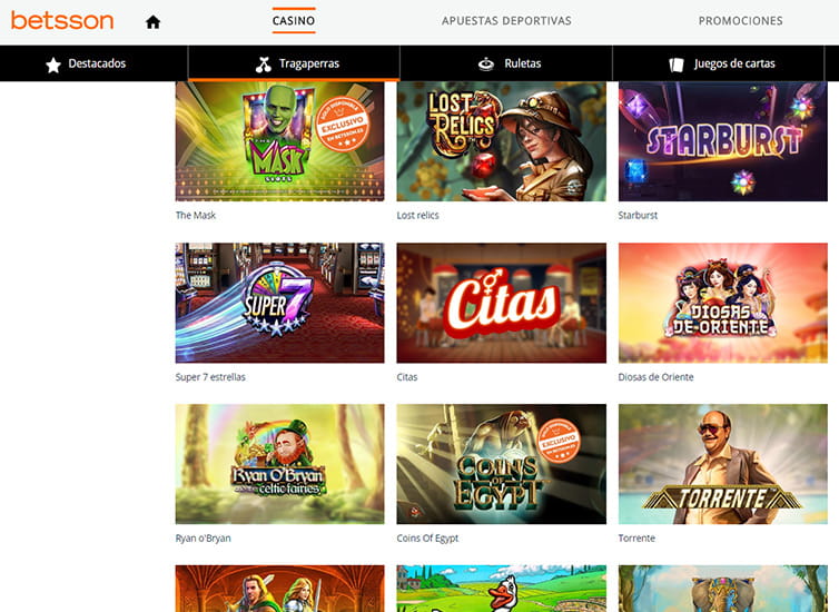 Catálogo delots disponibles en Betsson casino