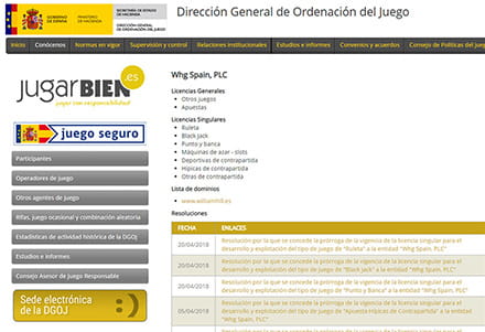 Página principal de la Dirección General de Ordenación del Juego donde se constatan las licencias de los operadores radicados en España.
