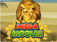 Portada de la máquina tragaperras Mega Moolah. En el logo se ve la cabeza de un león, sobre la que aparece el nombre de la slot en rojo y verde, con montones de monedas a su alrededor.