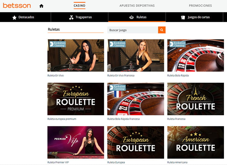 Catálogo de ruletas disponibles en Betsson